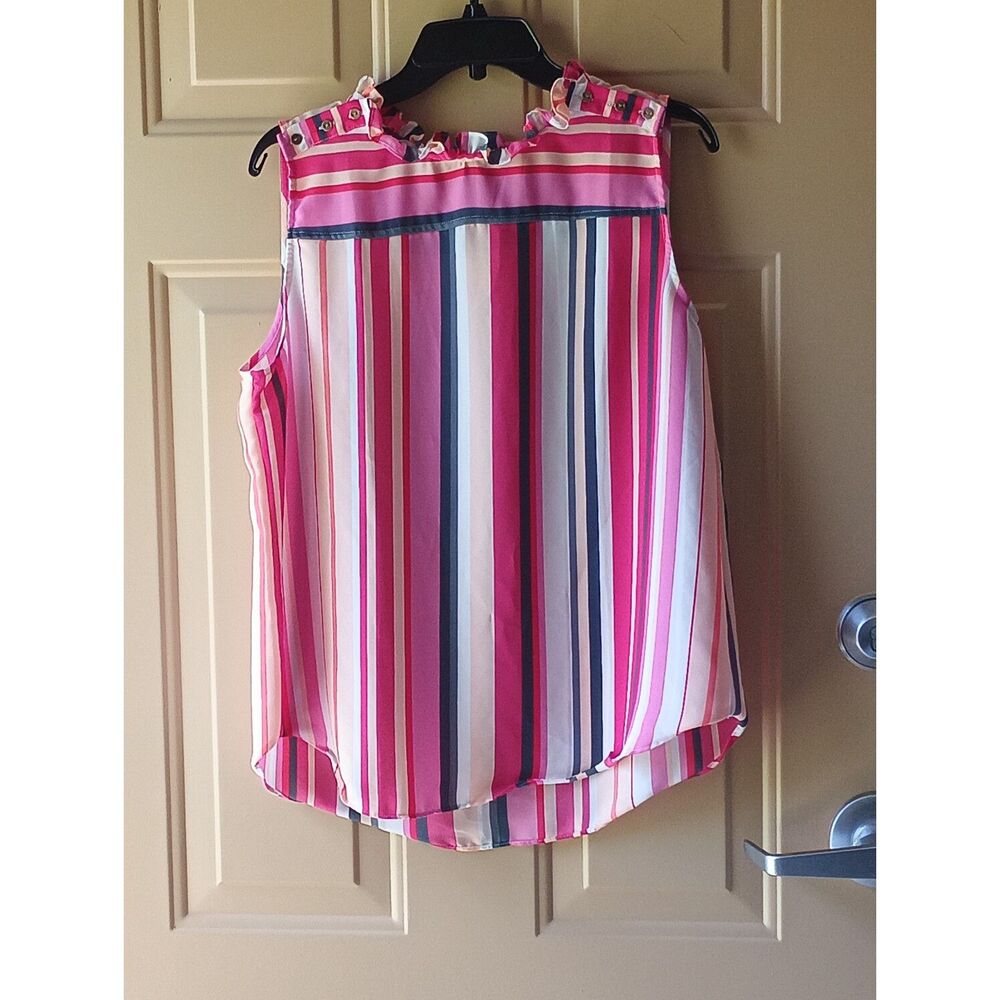 LOFT Outlet Striped Sleeveless Ruffle Collar Blouse Button-Shoulder Detail L